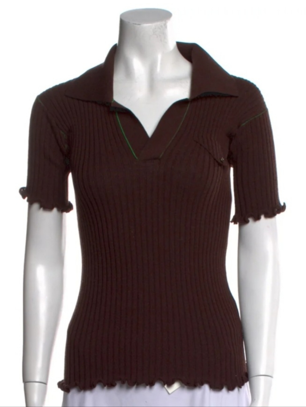 Bottega Veneta Salon 01 - Brown Ribbed V-Neck Polo Sweater With Green Stitching